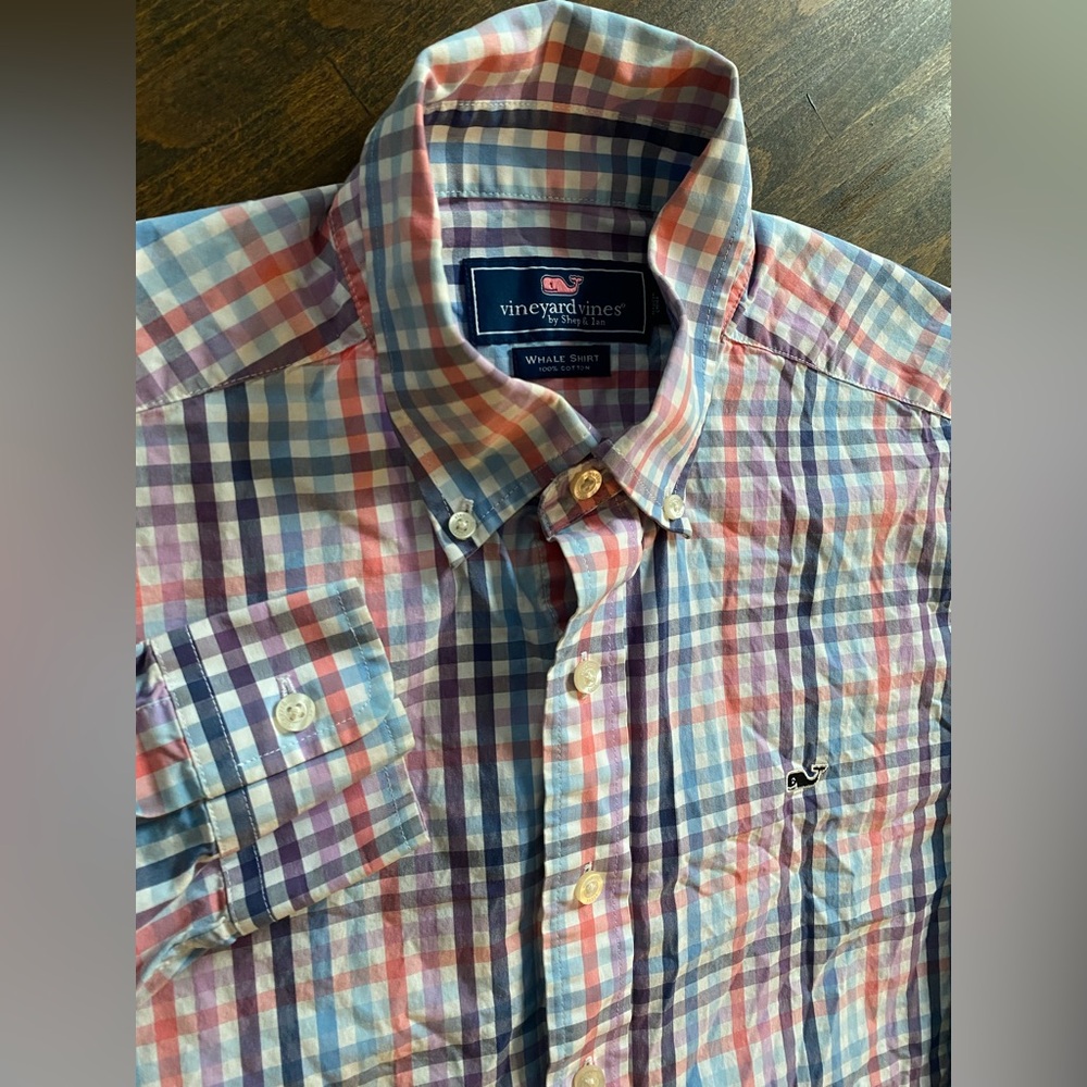 Vineyard Vines Whale Shirt Medium Long Sleeve Button Down Plaid Cotton Pastels